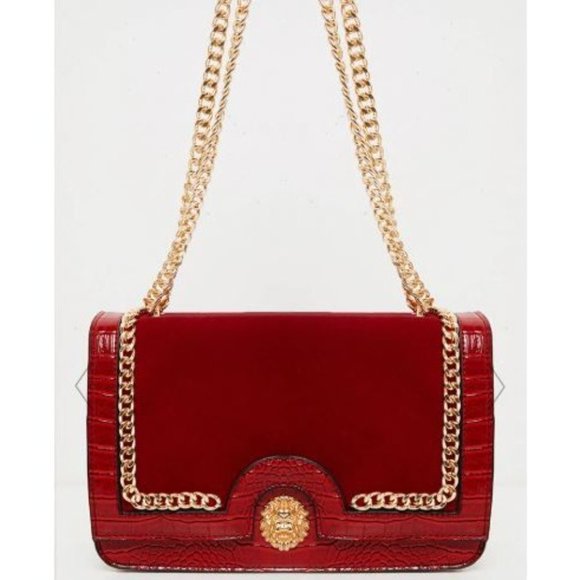 SCARLET PATENT AND VELVET CONTRAST LION HEAD CROSS BODY BAG - Picture 4 of 4